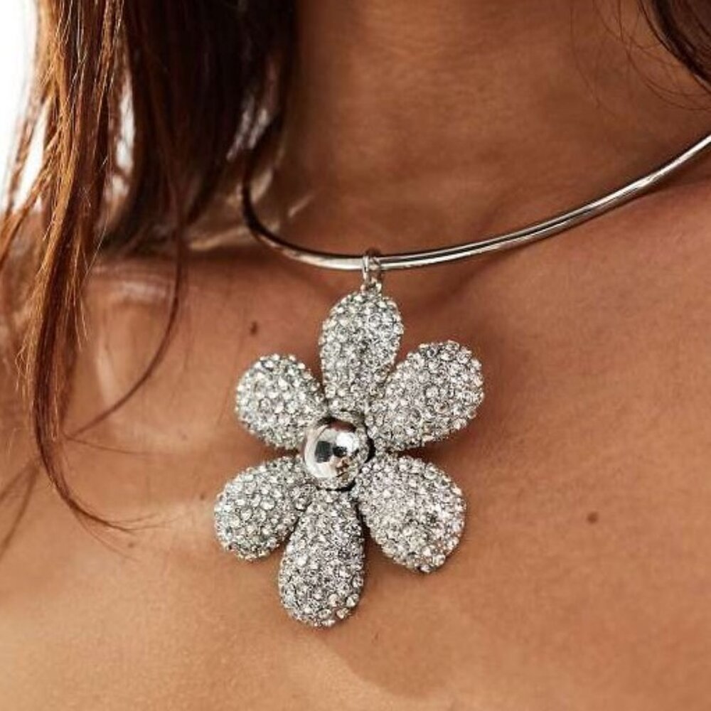 ASOS DESIGN torque choker with crystal flower charm in silver tone